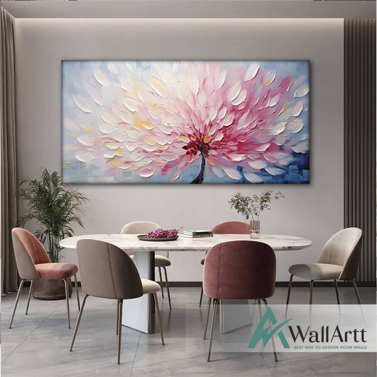 White Pink Leaves 3d Heavy Textured Partial Oil Painting